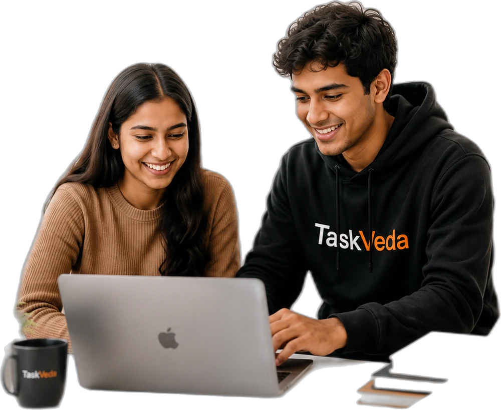 TaskVeda students collaborating on a laptop